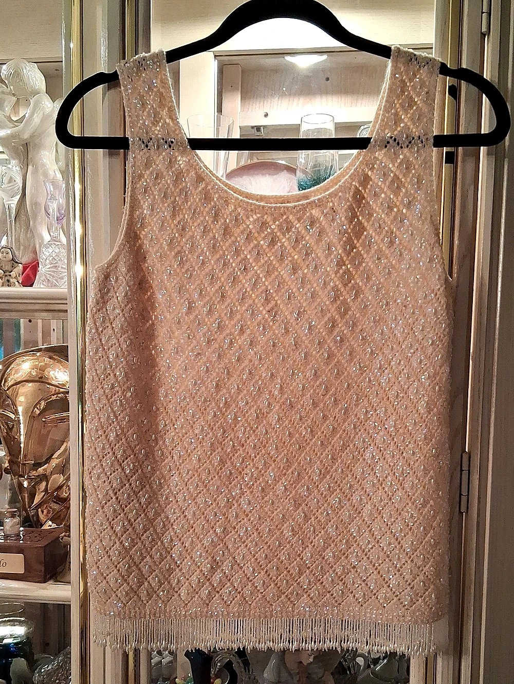 Vintage 1950's Hand Beaded 100% Wool. Cream Geometric Fringe Top. (M). Ex. Cond.
